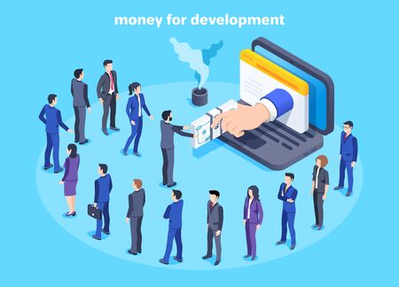 isometric vector image on a blue background, men and women in business suits are queuing for money in front of a laptop, money for development のイラスト素材