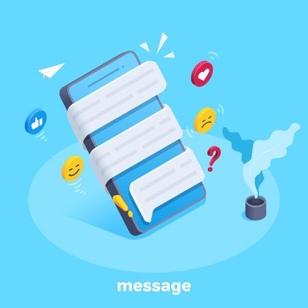 isometric vector image on a blue background, message curling around a smartphone and icons emoticons around it, message on the phoneのイラスト素材