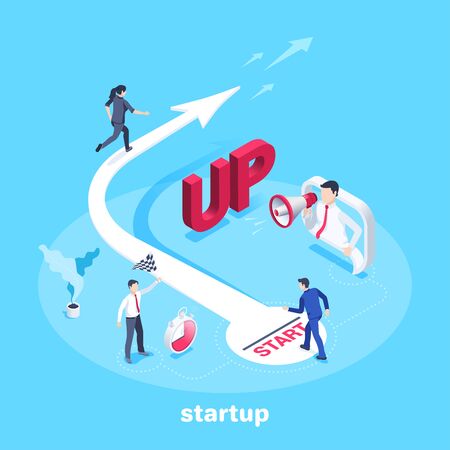 isometric vector image on a blue background, a woman in business clothes runs up the arrow and a man stands at the start, startup or competitionのイラスト素材
