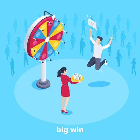 isometric vector image on a blue background, a man won a lot of money in a draw, a wheel of fortune and a big winのイラスト素材