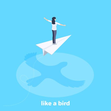 isometric vector image on a blue background, a woman with spread arms flies on a paper airplane and underneath is the shadow of a flying bird, like a birdのイラスト素材