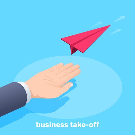 isometric vector image on a blue background, male hand and flying paper airplane of red color, business take-offのイラスト素材