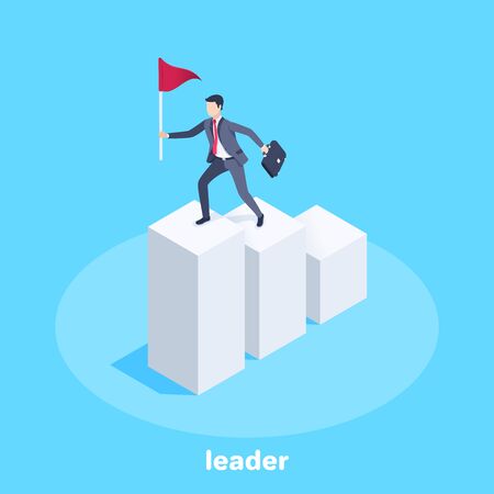 isometric vector image on a blue background, a man in a business suit with a flag runs up to the top of the chart, achieving the goal and leadership in businessのイラスト素材