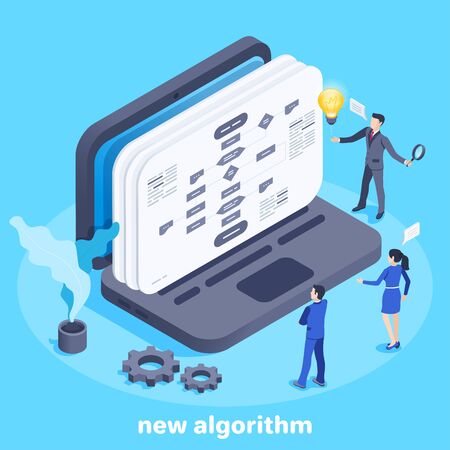isometric vector image on a blue background, people in business suits are standing near a laptop on the screen of which a new algorithm of work is displayed, new developments and planningのイラスト素材