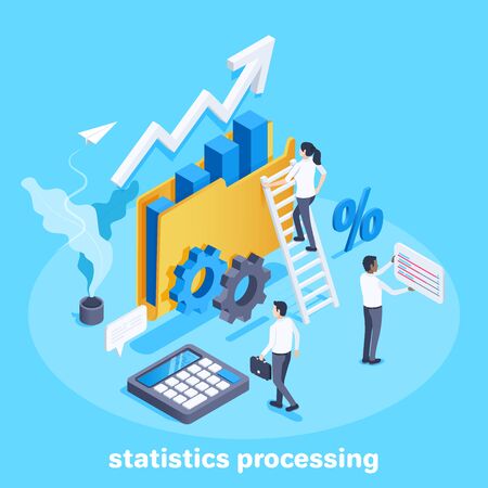 isometric vector image on a blue background, business people work with financial statistics and data, a calculator and a folder with a graph and a growing arrowのイラスト素材