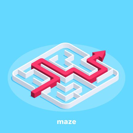 isometric vector image on a blue background, a square maze and the path of its passage in the form of a red arrowのイラスト素材
