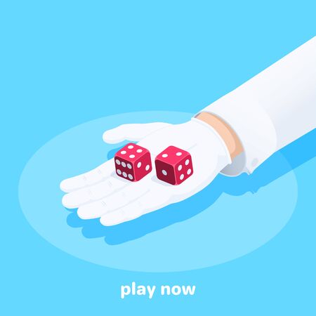 isometric vector image on a blue background, a male hand in a white glove holds red dice, play nowのイラスト素材
