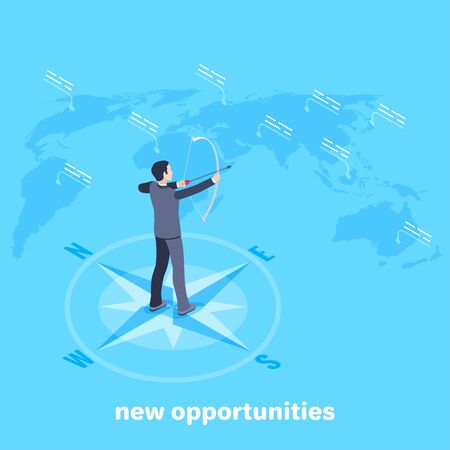 isometric vector image on a blue background, a man in a business suit with a bow and arrow stands on a compass near the world map, new opportunitiesのイラスト素材