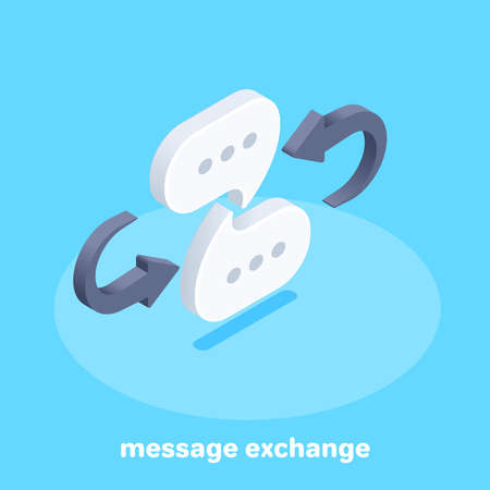 isometric vector image on a blue background, icon in the form of text clouds and arrows, message exchangeのイラスト素材