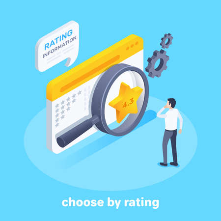 isometric vector image on a blue background, a man in business clothes looks through a magnifying glass at a web page with a rating information, choose by ratingのイラスト素材