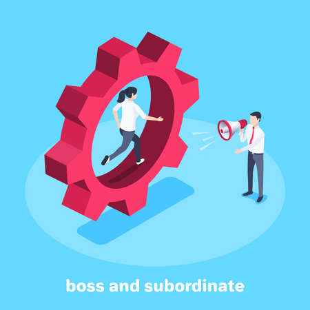 isometric vector image on a blue background, a woman runs inside a large gear wheel and next to a man in business clothes with a loudspeaker, a boss and a subordinateのイラスト素材