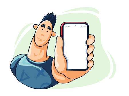 flat vector illustration isolated on white background, male character holding smartphone in outstretched hand, advertising elementのイラスト素材