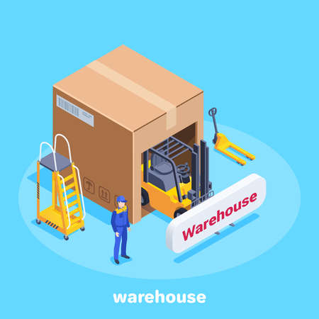 isometric vector illustration on a blue background, a large box and equipment for working in a warehouse, a worker in uniformのイラスト素材