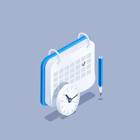 isometric vector illustration on gray background, calendar with pencil and clock, business noteのイラスト素材