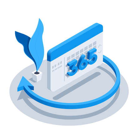 isometric vector illustration isolated on white background, arrow around calendar with number 365 and flower, the course of time in the yearのイラスト素材