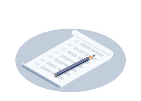 isometric vector illustration isolated on white background, sheet and pencil icon, making a list or testのイラスト素材