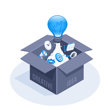isometric vector illustration isolated on white background, a big light bulb flying out of a black box with the inscription creative ideaのイラスト素材