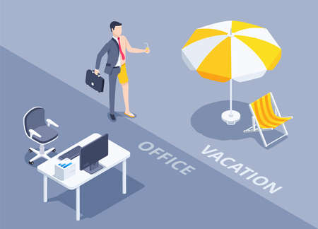 isometric vector illustration on gray background, man in business suit and shorts near work desk and umbrella, office or vacationのイラスト素材