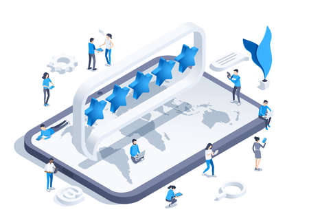 isometric vector illustration isolated on white background, five stars on tablet screen, people with gadgets and laptops, star ratingのイラスト素材
