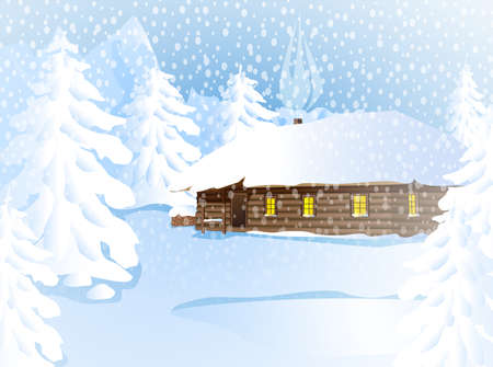 flat vector image, wooden house in a snowy forest, winter landscapeのイラスト素材