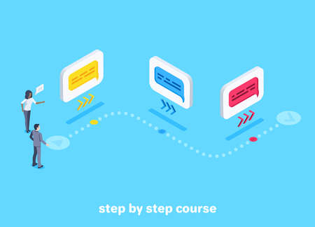 isometric vector image on a blue background, step-by-step path for a man in a business suit, online courses and a curatorのイラスト素材