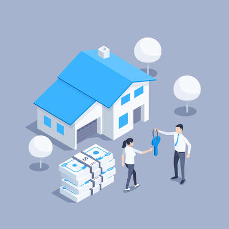 isometric vector illustration on gray background, buying a property, man in business suit hands over house key to womanのイラスト素材