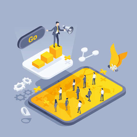 isometric vector illustration on gray background, man in business attire with loudspeaker on the...