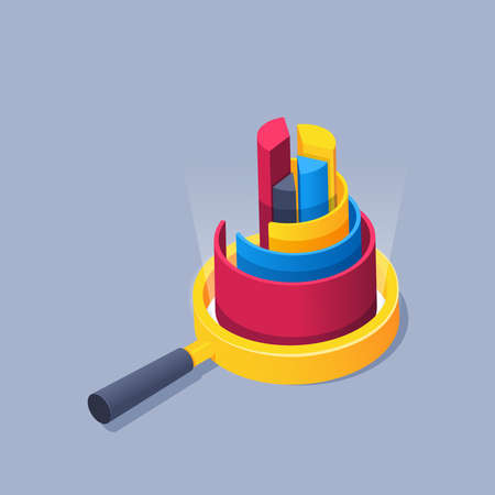 isometric vector illustration on gray background, magnifier and charts, analytics and businessのイラスト素材