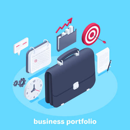 isometric vector illustration on blue background, business briefcase with calendar and clock, business success and goal achievementのイラスト素材