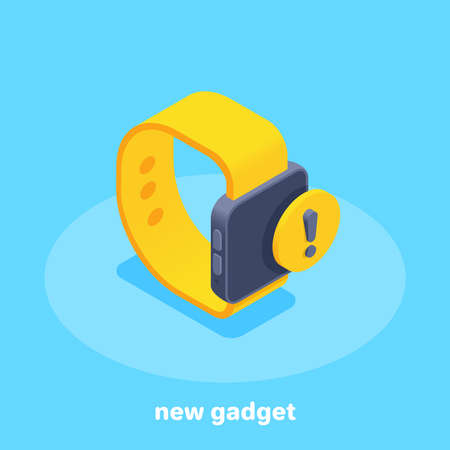 isometric vector illustration on blue background, smart watch and exclamation mark, new gadgetのイラスト素材