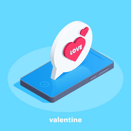 isometric vector illustration on blue background, message with heart on smartphone screen, valentine's dayのイラスト素材