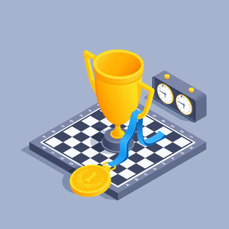 isometric vector illustration on gray background, cup and medal on chessboard, victory in chess tournamentのイラスト素材
