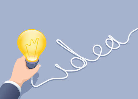 isometric vector illustration on gray background, male hand holding a burning light bulb and the...