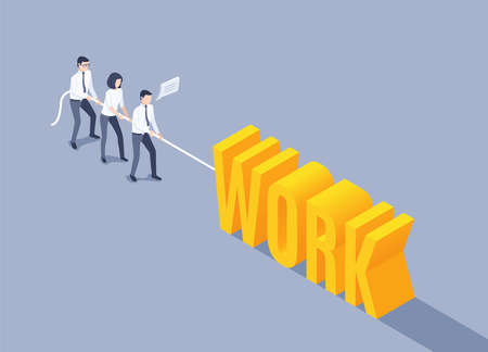isometric vector illustration on a gray background, people in business clothes are pulling a rope...