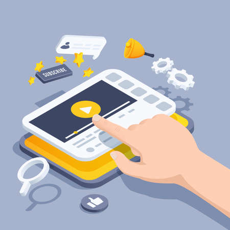 isometric vector illustration on gray background, hand over tablet screen, watching video content onlineのイラスト素材