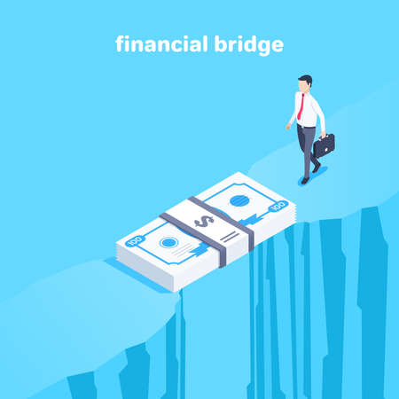 isometric vector illustration on blue background, a man in business clothes with a briefcase walks to the bridge of banknotes, the financial bridge over the abyssのイラスト素材