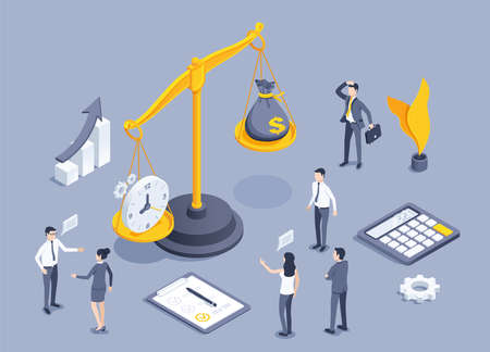 isometric vector illustration on gray background, scales with clock and money bag, people in business clothes, time or moneyのイラスト素材