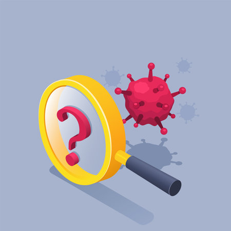 isometric vector illustration on gray background, magnifier with question mark and virus, virus detection or testingのイラスト素材