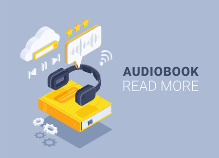 isometric vector illustration on gray background, yellow book and black headphones with icons, listen to audiobookのイラスト素材