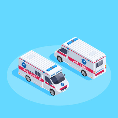 isometric vector illustration on blue background, ambulance car front and back viewのイラスト素材
