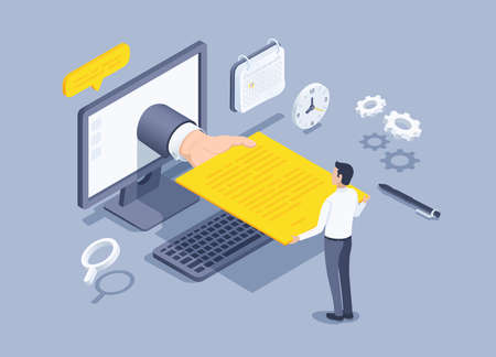 isometric vector illustration on a gray background, a man passes a resume through a computer, a hand...