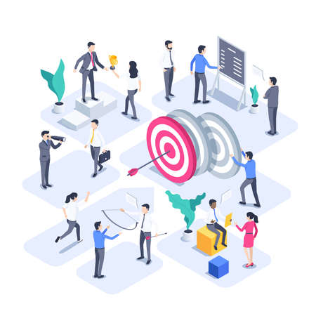 isometric vector illustration isolated on white background, people work in team next to target with arrow, business success and achievement of goalsのイラスト素材