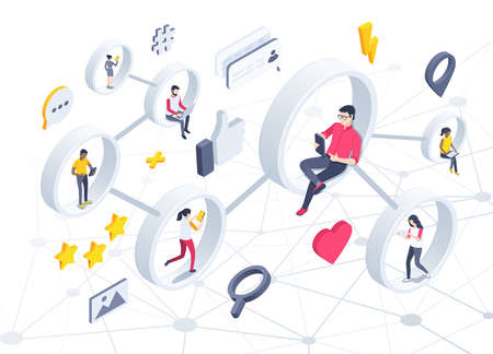 isometric vector illustration isolated on white background, people with gadgets and smartphones in social network, like and hearts icons, online communication on the internetのイラスト素材