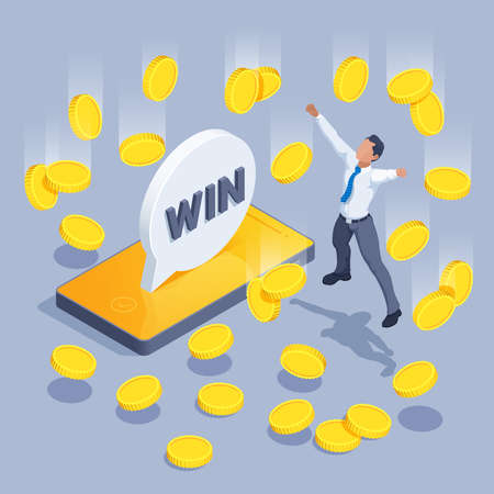 isometric vector illustration on a gray background, a man in business clothes happily jumped up near a smartphone with the message win and falling gold coins, profit and financial luckのイラスト素材