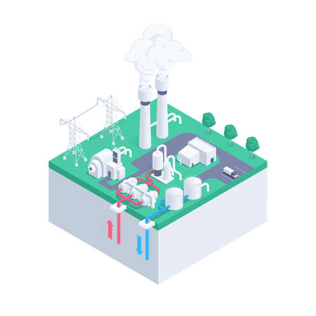 isometric vector illustration isolated on white background, geothermal energy, urban buildings and systems, green energyのイラスト素材