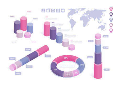 isometric vector illustration isolated on white background, infographics set of elements, map and charts with iconsのイラスト素材