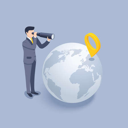isometric vector illustration on gray background, perspective location, man in business suit with spyglass and globe with location iconのイラスト素材