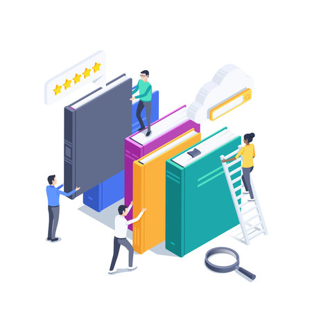 isometric vector illustration isolated on white background, people with books, cloud library, study onlineのイラスト素材