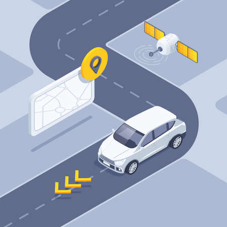 isometric vector illustration on black background, car driving on the road with satellite navigator, arrows pointing the way, smart technologyのイラスト素材