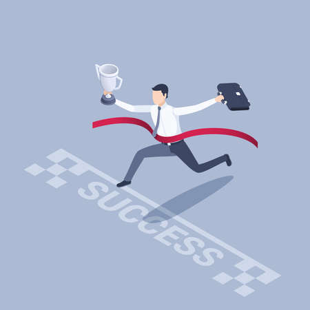 isometric vector illustration on a gray background, a man in business clothes with a briefcase and a trophy runs first to the finish line through a red ribbonのイラスト素材